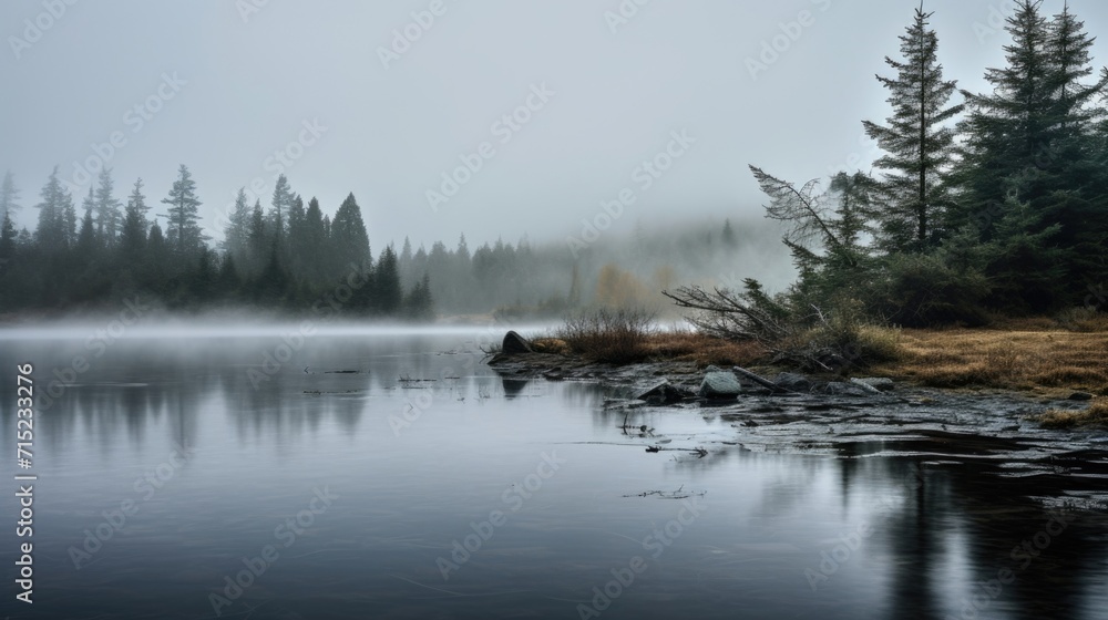 Fototapeta premium Lost in the Fog A lake disappearing into a dense fog, evoking a sense of mystery and solitude.