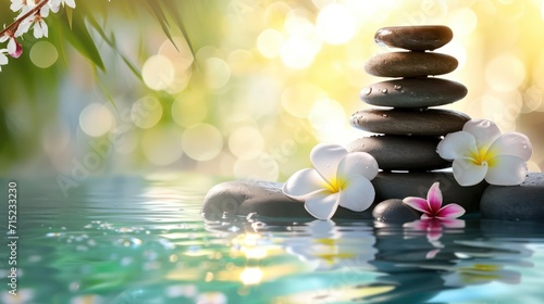 Concept of a spa beauty treatment background with calming and relaxing elements such as candles  massage stones  and aromatic flowers