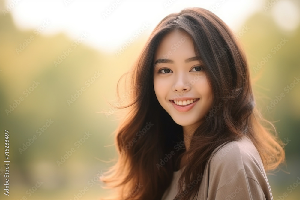 Beautiful Asian girl smiles and stares into the camera with happiness Beautiful Asian girl smiles and stares into the camera with happiness