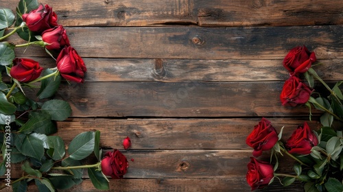 Rustic wood plank with red roses, ready for banner, copy space or background