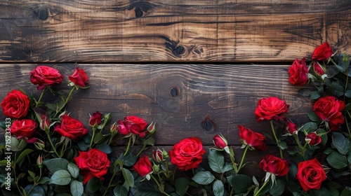 Rustic wood plank with red roses, ready for banner, copy space or background