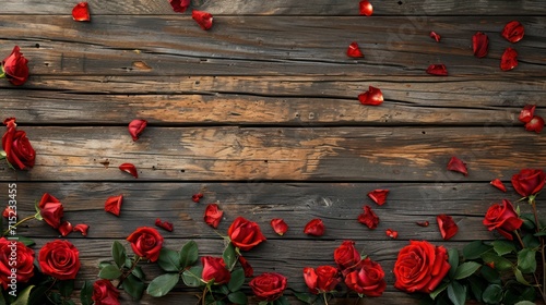Rustic wood plank with red roses, ready for banner, copy space or background