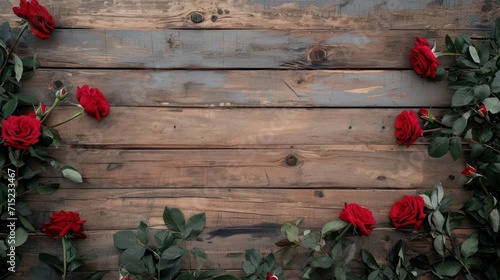 Rustic wood plank with red roses, ready for banner, copy space or background
