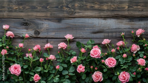 Rustic wood plank with pink roses, ready for banner, copy space or background,