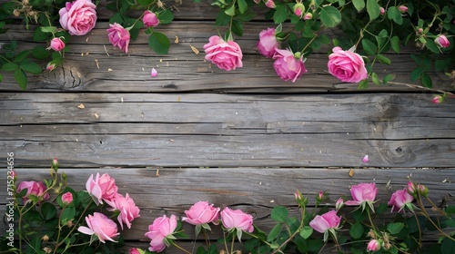Rustic wood plank with pink roses, ready for banner, copy space or background,