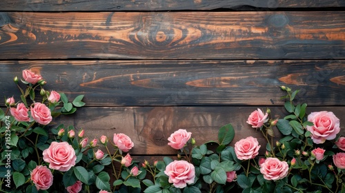 Rustic wood plank with pink roses, ready for banner, copy space or background,