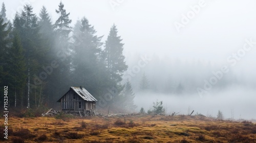 A solitary cabin in the woods, ly visible through the thick fog that engulfs the landscape.