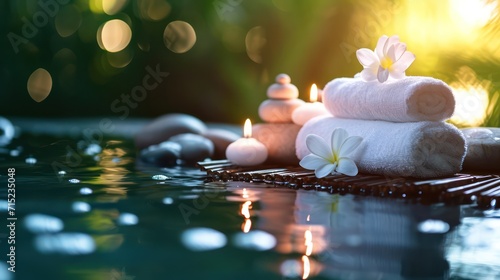 Spa beauty treatment concept background with elements of tranquility and relaxation, including candles, massage stones, and aromatic flowers