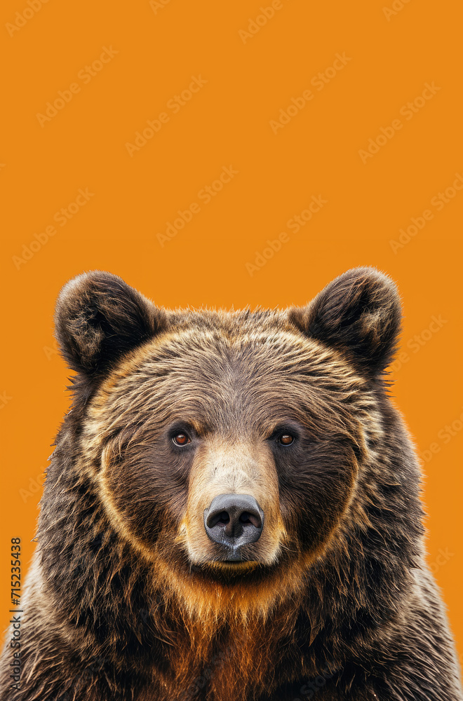 Bear Looking Straight to the Camera with Top Copy Space on Orange Background