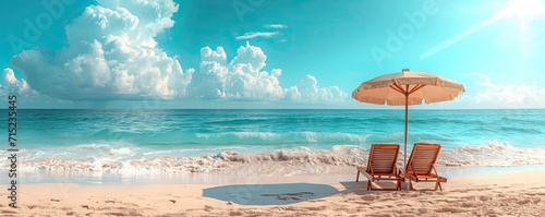 Landscape of beach with chair overlooking sea sand blending into sky in summer blue vacation by water edge in tropic ocean coast forming paradise with seascape view island travel embracing nature