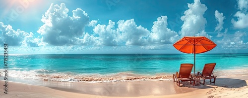 Landscape of beach with chair overlooking sea sand blending into sky in summer blue vacation by water edge in tropic ocean coast forming paradise with seascape view island travel embracing nature