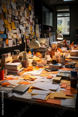Busy desk with papers, folders, and sticky notes, portraying the challenges of managing work tasks, Generative AI