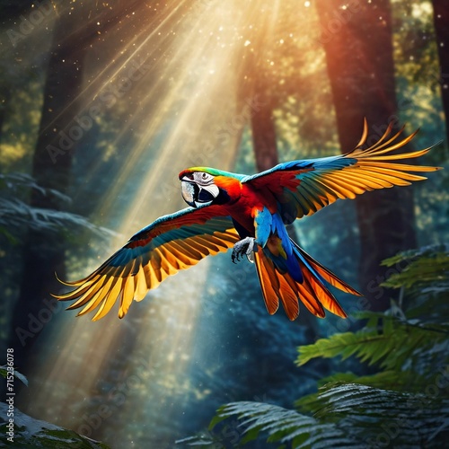 Dense forest. Sunlight beam. Dark background. Macaw flying. Light beam fall on macaw © Worship