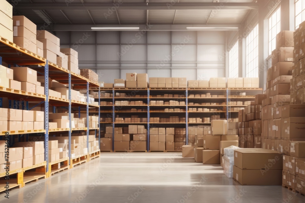 Retail warehouse full of shelves with cardboard boxes and packages, distribution delivery center Retail warehouse full of shelves with cardboard boxes and packages, distribution delivery center