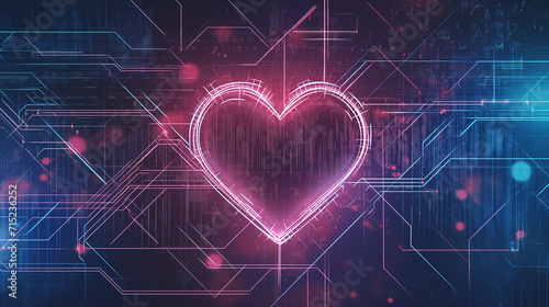 futuristic and abstract Valentine's Day banner using digital elements such as pixels, binary code, and circuit-like patterns.