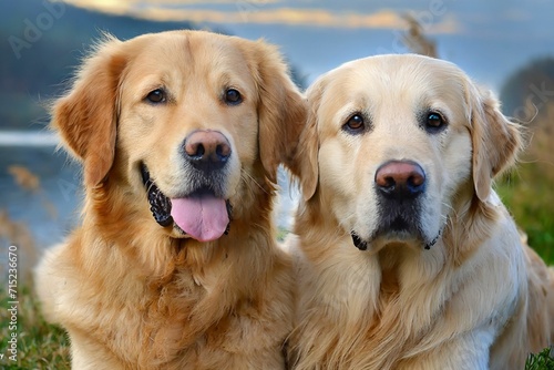 Portrait photo of two golden retrievers