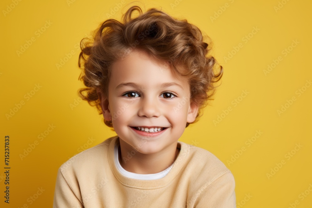 Portrait of a smiling little boy with curly hair over yellow background Portrait of a smiling little boy with curly hair over yellow background