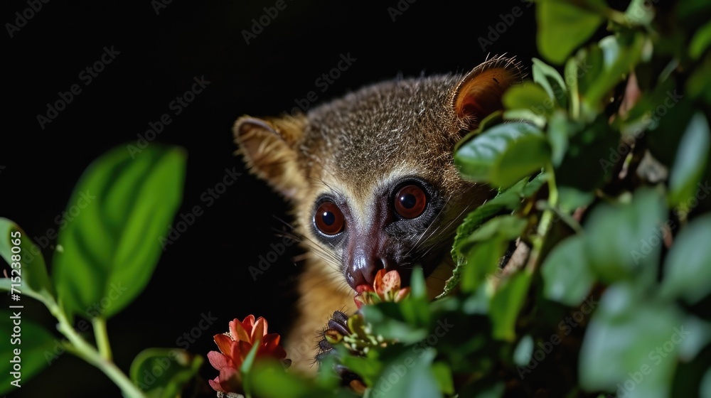 Obraz premium Closeup of a kinkajous big round eyes glowing in the moonlight as it delicately plucks a flower from a bush savoring the sweet nectar before moving on to its next foragin