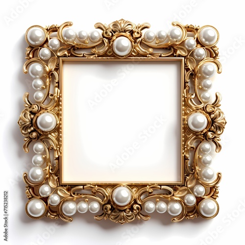luxury ornate gold and pearl square frame on white