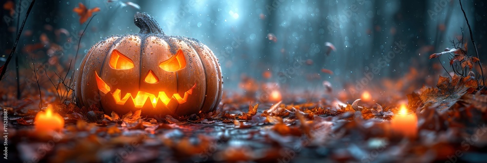 Fototapeta premium Halloween Concept Orange Pumpkin Lantern Candles, Background HD, Illustrations