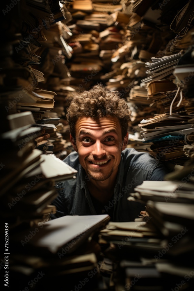 Office worker buried under a stack of files, showcasing the challenges of office life and multitasking, Generative AI Office worker buried under a stack of files, showcasing the challenges of office life and multitasking, Generative AI