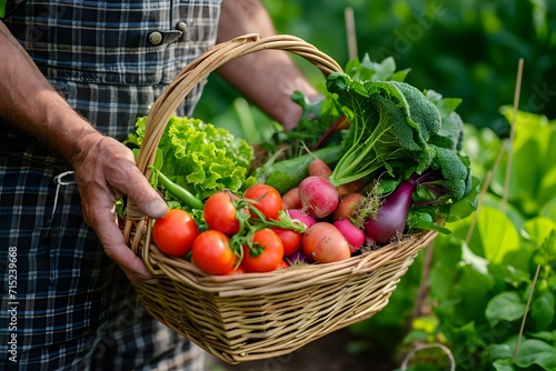 Basket with fresh vegetables in hands of farmer.