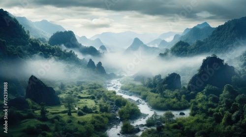 Mysterious Wonderland A dreamy atmosphere of foggy mountains in a secluded valley.
