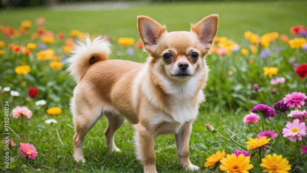 Fawn long coat chihuahua dog in flower field Fawn long coat chihuahua dog in flower field