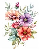 Vibrant watercolor floral bouquet ornament framed on a white background, perfect as clipart or background