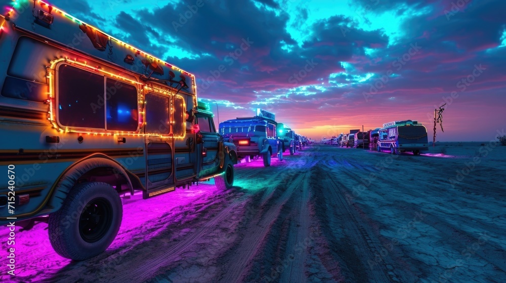 A caravan of cars adorned with neon lights travels through the desert their lights creating a vibrant and otherworldly scene against the dark night sky A caravan of cars adorned with neon lights travels through the desert their lights creating a vibrant and otherworldly scene against the dark night sky