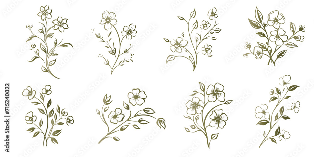 Set Floral branch and minimalist leaves for logo or tattoo. Hand drawn line wedding Set Floral branch and minimalist leaves for logo or tattoo. Hand drawn line wedding
