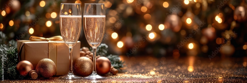 Glasses Champagne Gift Box On Shiny, Background HD, Illustrations