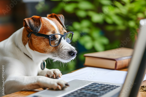 Cute dog looking computer laptop in glasses.