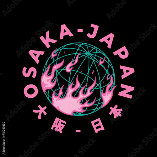 Osaka Tokyo Japan vintage t-shirt streetwear. Typography slogan tshirt design with kanji in japanese translation : Osaka Japan. Vector illustration.
