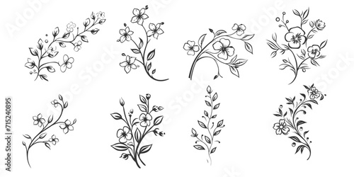 Set Floral branch and minimalist leaves for logo or tattoo. Hand drawn line wedding