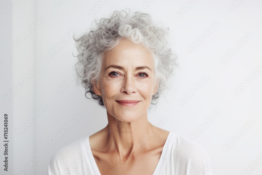 Portrait of smiling senior woman looking at camera against white wall.