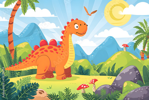 Cute dinosaur with landscape cartoon background. 