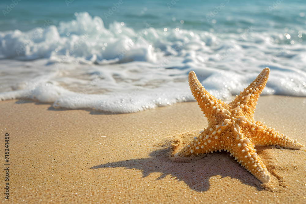 Starfish on the sand at beach. Summer holiday background.