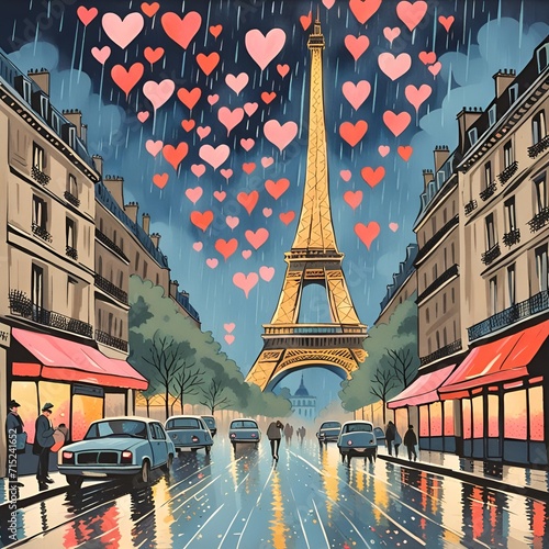 Beautiful view of the city of Paris, France, hearts exploding, paris illustrations, city of love, valentine's day, couples, love, hearts, card, templates, postcard, template designs, ai generated, art