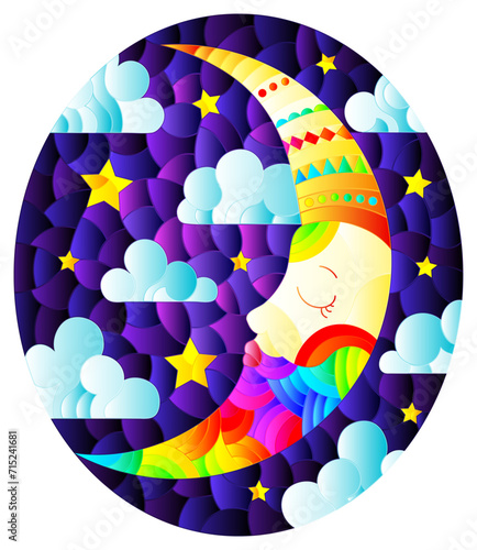 Illustration in stained glass style with moon on cloudy sky background, oval image