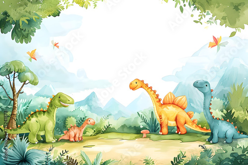 Cute cartoon dinosaur frame border on background in watercolor style. © Pacharee