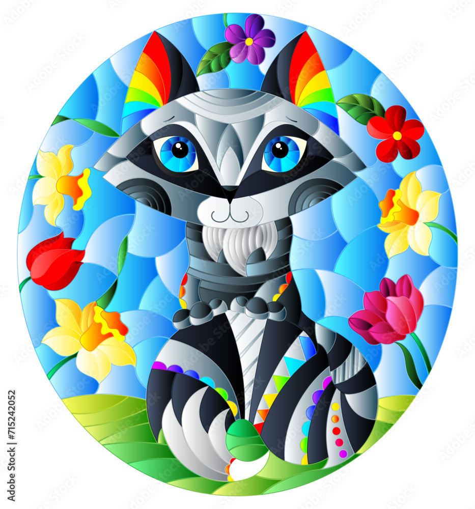 Illustration in a stained glass window with an abstract cute raccoon on a background of flowers and sky, oval image