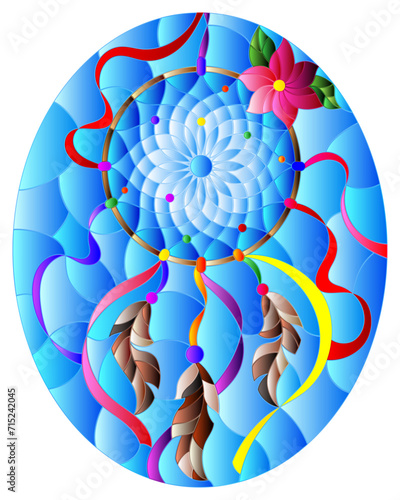 Illustration in stained glass style with dream catcher and butterflies on sky background