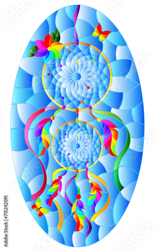 Illustration in stained glass style with dream catcher and butterflies on sky background