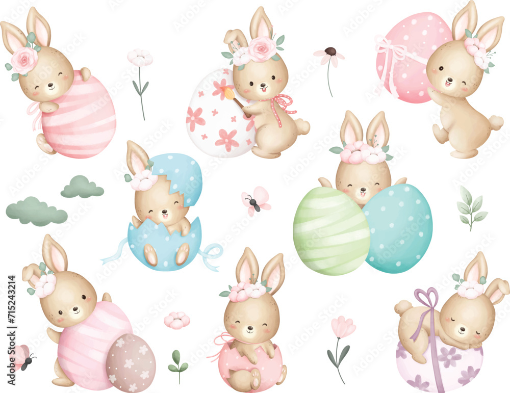 Watercolor Illustration set of Rabbit with Easter Eggs