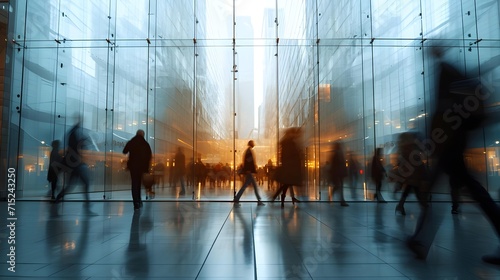 Time lapse photography of a busy, fast-moving businessman reflected in a building glass © Satoru