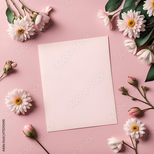flat lay white postcard with flowers surrounded by on a white background, ribbon laying aside, template for congratulations on March 8, Valentine's day, women's Day or birthday Generative AI, card	 photo