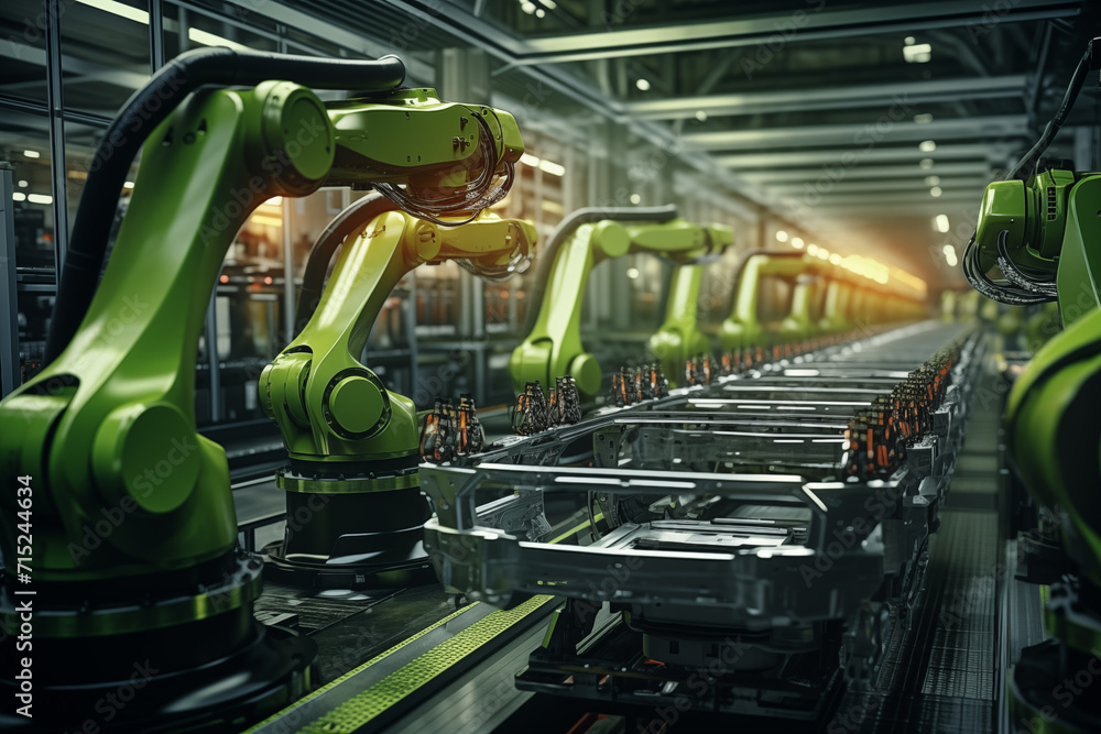 Automated robotic arms working an assembly line in industrial smart ...