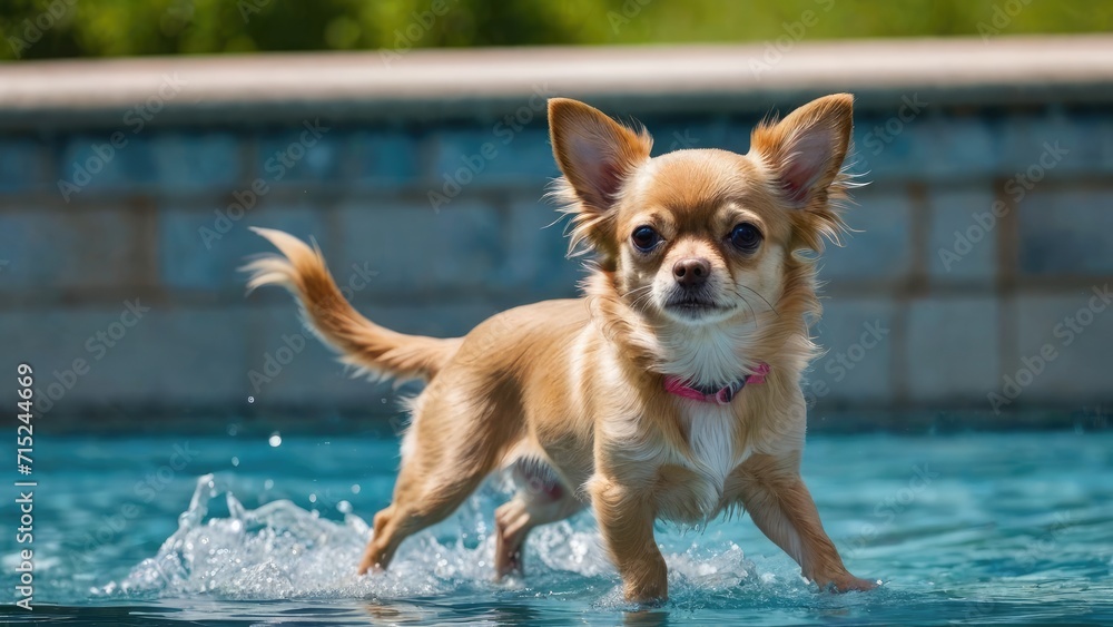 Fawn long coat chihuahua dog in the swimming pool