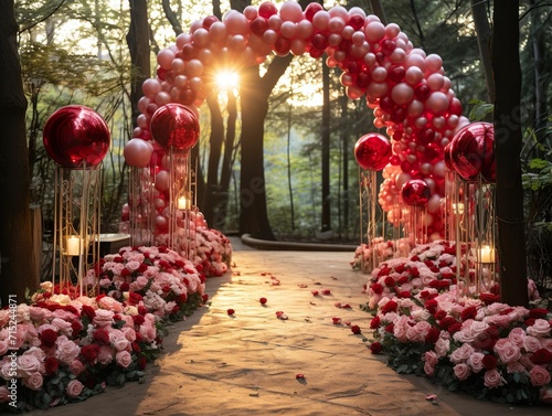 Outdoor wedding arch composed of red and colorful balloons, outdoor wedding outdoor party outdoor birthday party venue, wedding invitation, birthday invitation card, celebration invitation card